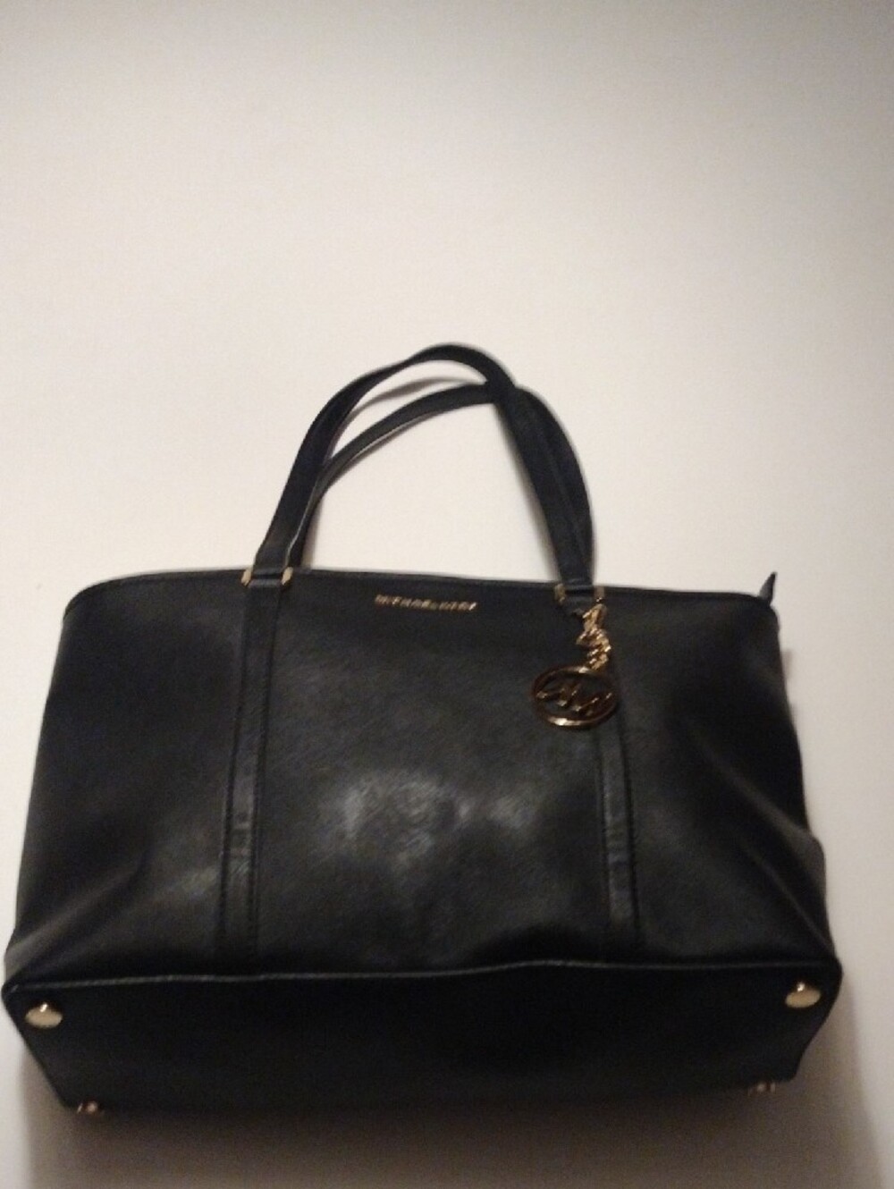 Michael Kors Black Leather Tote with Gold MK Charm